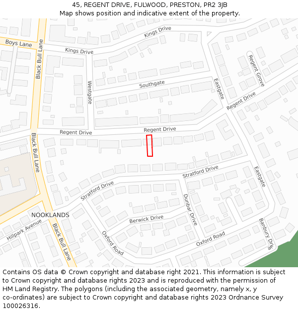 45, REGENT DRIVE, FULWOOD, PRESTON, PR2 3JB: Location map and indicative extent of plot