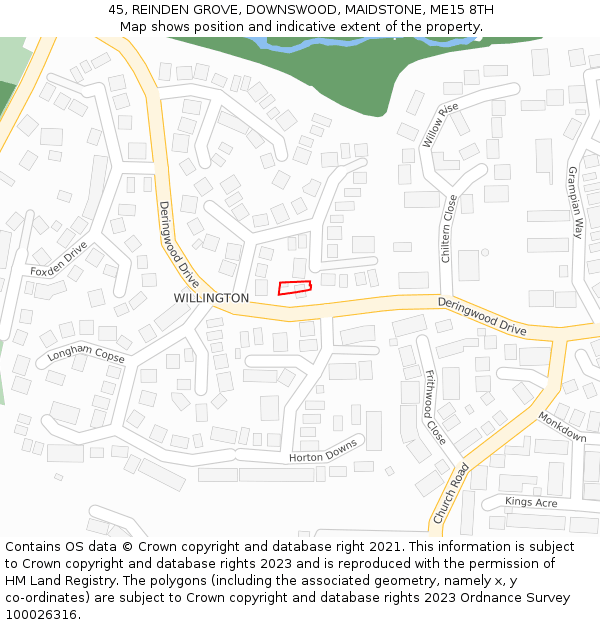 45, REINDEN GROVE, DOWNSWOOD, MAIDSTONE, ME15 8TH: Location map and indicative extent of plot