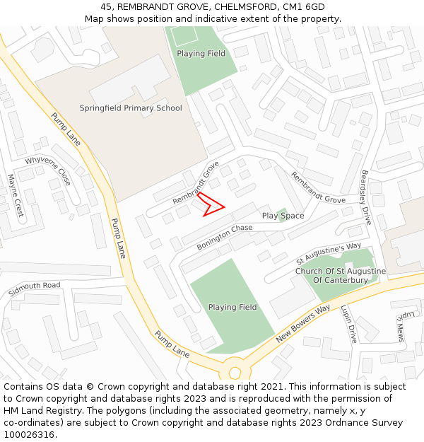 45, REMBRANDT GROVE, CHELMSFORD, CM1 6GD: Location map and indicative extent of plot