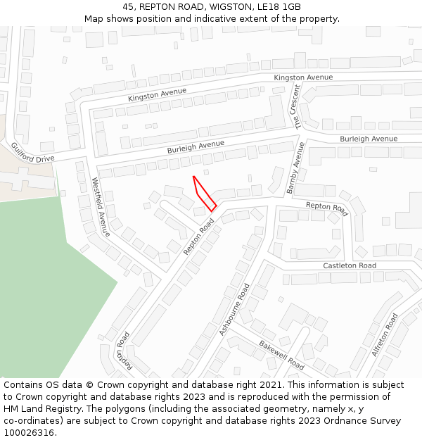 45, REPTON ROAD, WIGSTON, LE18 1GB: Location map and indicative extent of plot