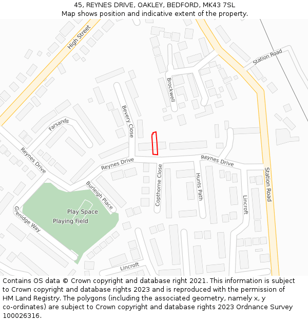 45, REYNES DRIVE, OAKLEY, BEDFORD, MK43 7SL: Location map and indicative extent of plot