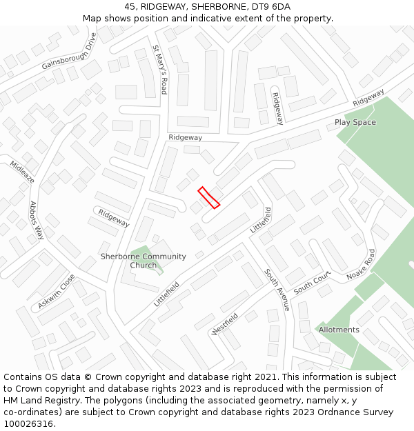 45, RIDGEWAY, SHERBORNE, DT9 6DA: Location map and indicative extent of plot