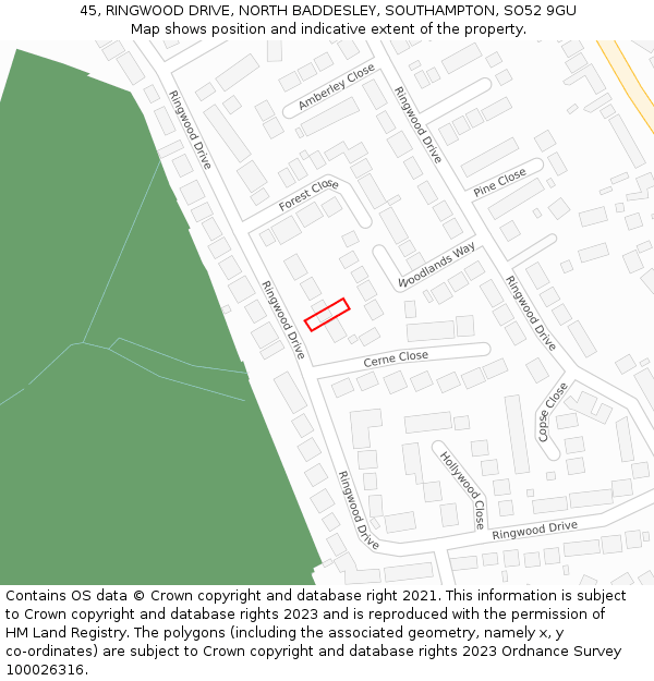 45, RINGWOOD DRIVE, NORTH BADDESLEY, SOUTHAMPTON, SO52 9GU: Location map and indicative extent of plot