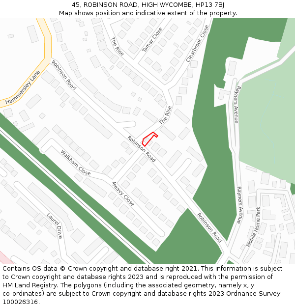 45, ROBINSON ROAD, HIGH WYCOMBE, HP13 7BJ: Location map and indicative extent of plot