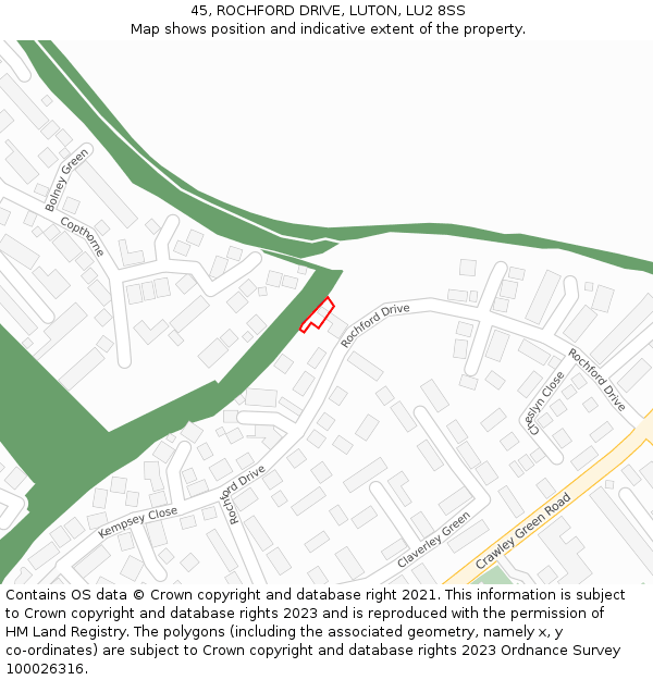 45, ROCHFORD DRIVE, LUTON, LU2 8SS: Location map and indicative extent of plot