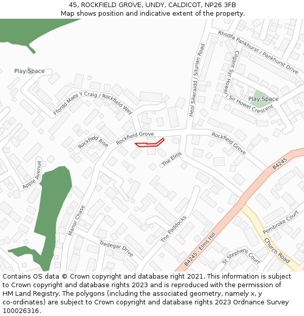 45, ROCKFIELD GROVE, UNDY, CALDICOT, NP26 3FB: Location map and indicative extent of plot