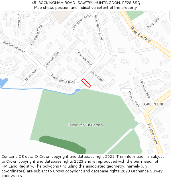 45, ROCKINGHAM ROAD, SAWTRY, HUNTINGDON, PE28 5SQ: Location map and indicative extent of plot