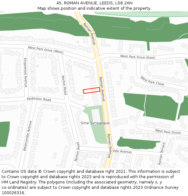 45, ROMAN AVENUE, LEEDS, LS8 2AN: Location map and indicative extent of plot