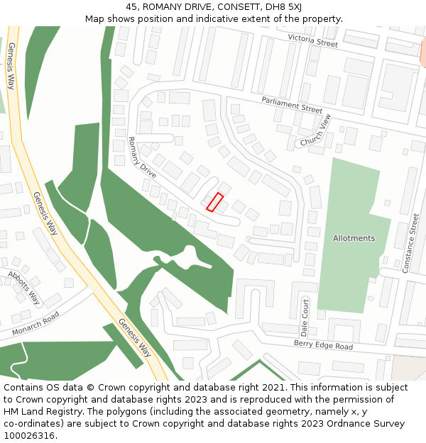 45, ROMANY DRIVE, CONSETT, DH8 5XJ: Location map and indicative extent of plot