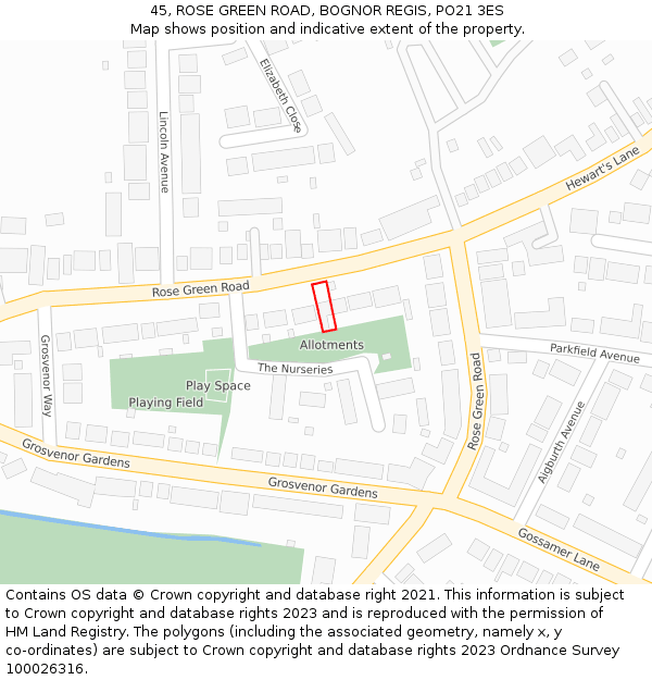 45, ROSE GREEN ROAD, BOGNOR REGIS, PO21 3ES: Location map and indicative extent of plot