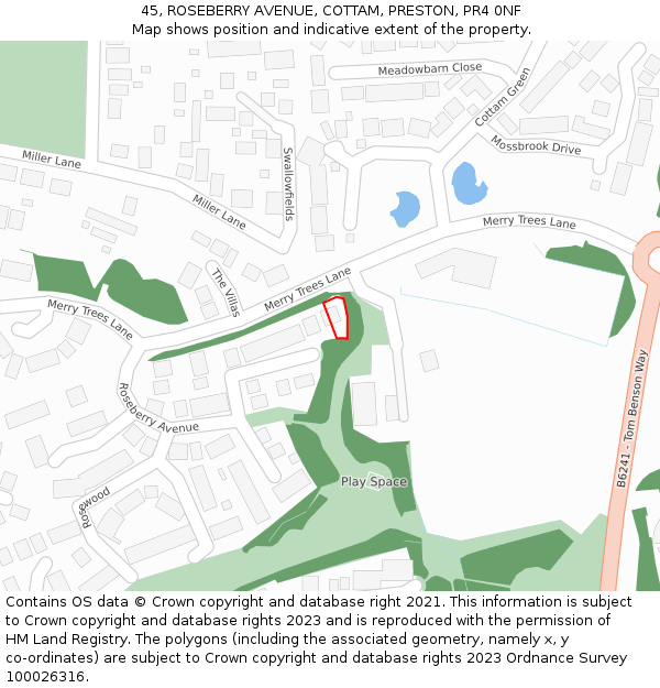 45, ROSEBERRY AVENUE, COTTAM, PRESTON, PR4 0NF: Location map and indicative extent of plot