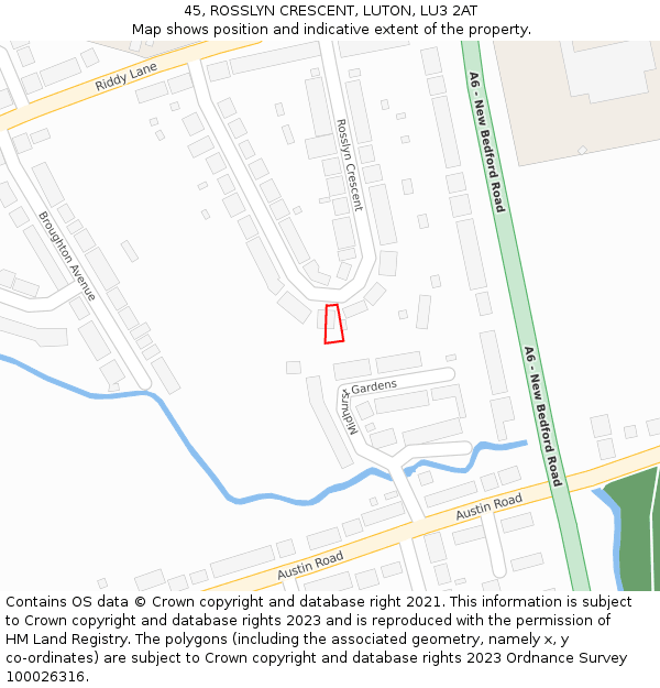 45, ROSSLYN CRESCENT, LUTON, LU3 2AT: Location map and indicative extent of plot