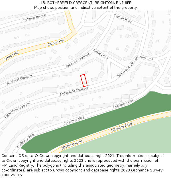 45, ROTHERFIELD CRESCENT, BRIGHTON, BN1 8FF: Location map and indicative extent of plot