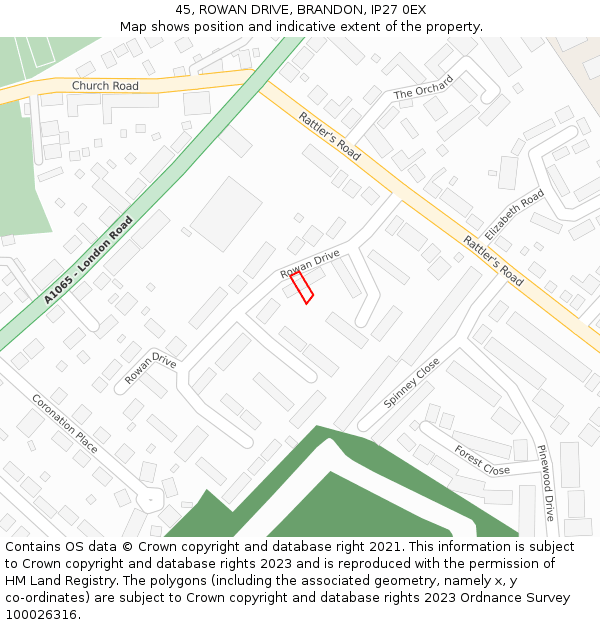 45, ROWAN DRIVE, BRANDON, IP27 0EX: Location map and indicative extent of plot