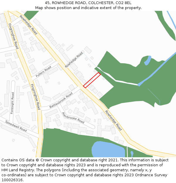 45, ROWHEDGE ROAD, COLCHESTER, CO2 8EL: Location map and indicative extent of plot