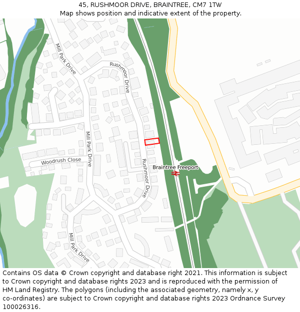 45, RUSHMOOR DRIVE, BRAINTREE, CM7 1TW: Location map and indicative extent of plot