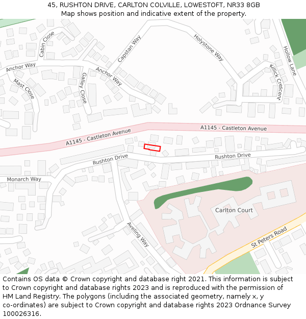 45, RUSHTON DRIVE, CARLTON COLVILLE, LOWESTOFT, NR33 8GB: Location map and indicative extent of plot