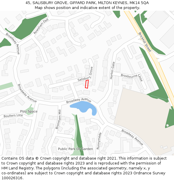 45, SALISBURY GROVE, GIFFARD PARK, MILTON KEYNES, MK14 5QA: Location map and indicative extent of plot