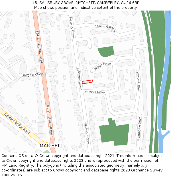 45, SALISBURY GROVE, MYTCHETT, CAMBERLEY, GU16 6BP: Location map and indicative extent of plot