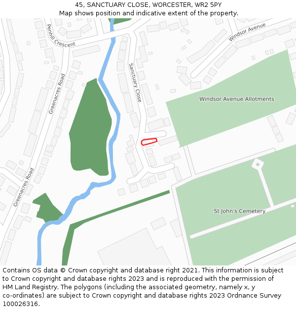 45, SANCTUARY CLOSE, WORCESTER, WR2 5PY: Location map and indicative extent of plot