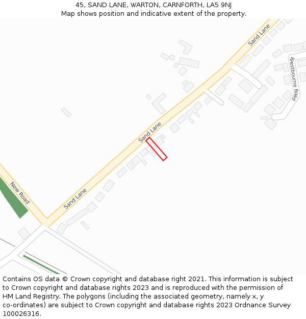 45, SAND LANE, WARTON, CARNFORTH, LA5 9NJ: Location map and indicative extent of plot