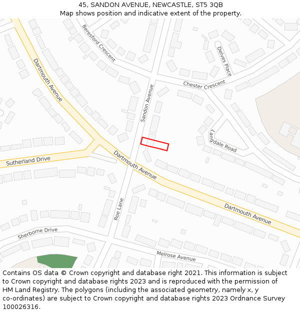 45, SANDON AVENUE, NEWCASTLE, ST5 3QB: Location map and indicative extent of plot