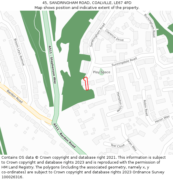 45, SANDRINGHAM ROAD, COALVILLE, LE67 4PD: Location map and indicative extent of plot