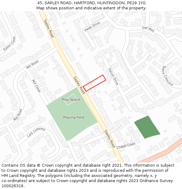 45, SAPLEY ROAD, HARTFORD, HUNTINGDON, PE29 1YG: Location map and indicative extent of plot