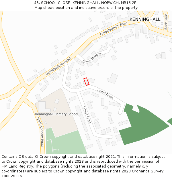 45, SCHOOL CLOSE, KENNINGHALL, NORWICH, NR16 2EL: Location map and indicative extent of plot