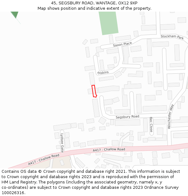 45, SEGSBURY ROAD, WANTAGE, OX12 9XP: Location map and indicative extent of plot