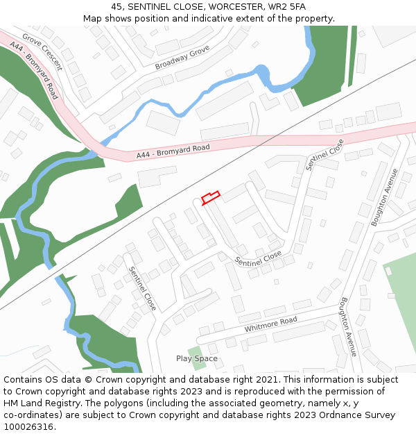 45, SENTINEL CLOSE, WORCESTER, WR2 5FA: Location map and indicative extent of plot