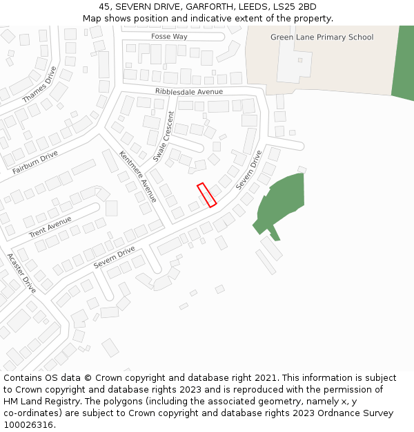 45, SEVERN DRIVE, GARFORTH, LEEDS, LS25 2BD: Location map and indicative extent of plot