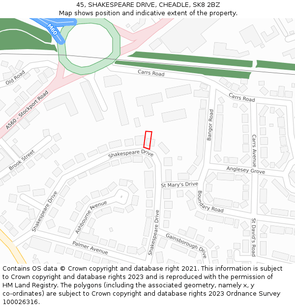 45, SHAKESPEARE DRIVE, CHEADLE, SK8 2BZ: Location map and indicative extent of plot