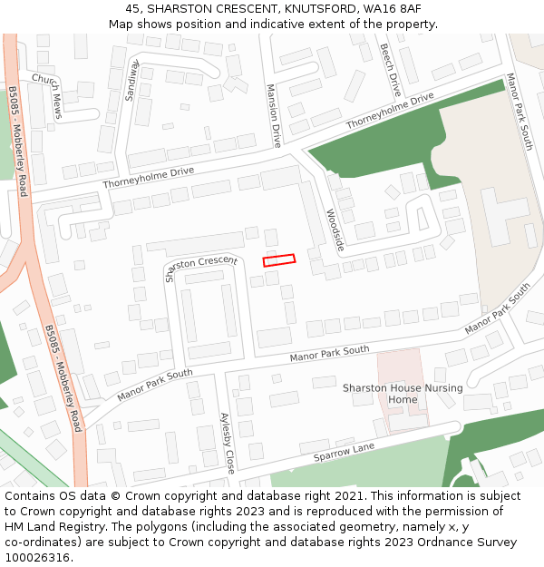 45, SHARSTON CRESCENT, KNUTSFORD, WA16 8AF: Location map and indicative extent of plot