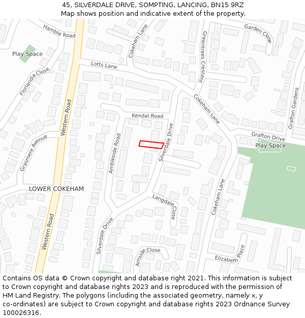 45, SILVERDALE DRIVE, SOMPTING, LANCING, BN15 9RZ: Location map and indicative extent of plot