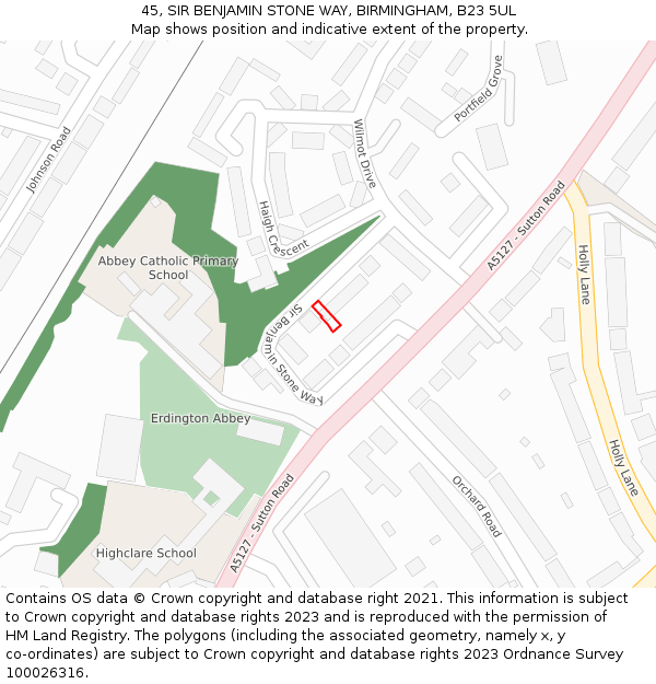 45, SIR BENJAMIN STONE WAY, BIRMINGHAM, B23 5UL: Location map and indicative extent of plot