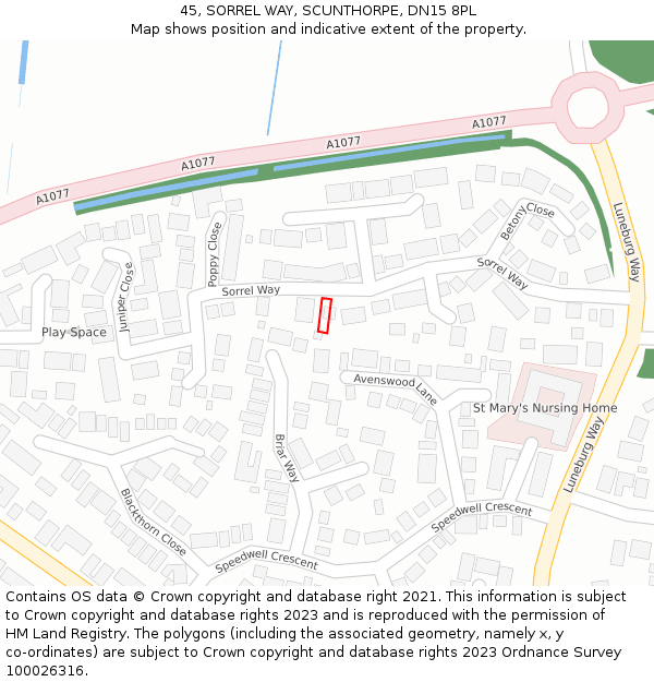 45, SORREL WAY, SCUNTHORPE, DN15 8PL: Location map and indicative extent of plot