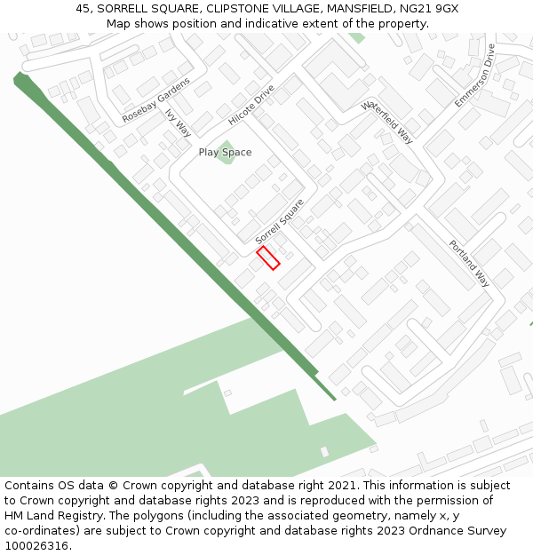 45, SORRELL SQUARE, CLIPSTONE VILLAGE, MANSFIELD, NG21 9GX: Location map and indicative extent of plot