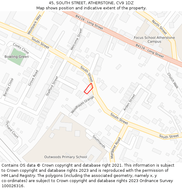 45, SOUTH STREET, ATHERSTONE, CV9 1DZ: Location map and indicative extent of plot