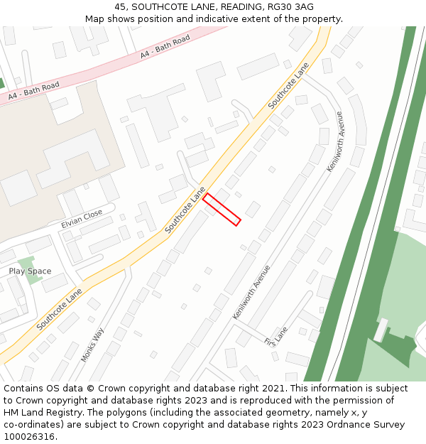 45, SOUTHCOTE LANE, READING, RG30 3AG: Location map and indicative extent of plot