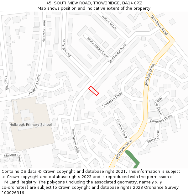 45, SOUTHVIEW ROAD, TROWBRIDGE, BA14 0PZ: Location map and indicative extent of plot