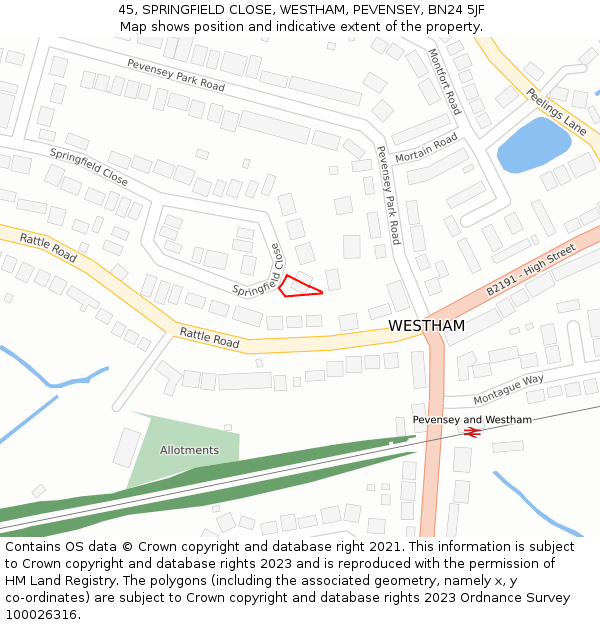 45, SPRINGFIELD CLOSE, WESTHAM, PEVENSEY, BN24 5JF: Location map and indicative extent of plot