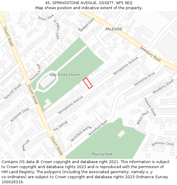 45, SPRINGSTONE AVENUE, OSSETT, WF5 9EQ: Location map and indicative extent of plot