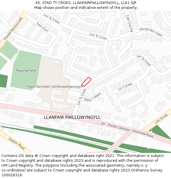 45, STAD TY CROES, LLANFAIRPWLLGWYNGYLL, LL61 5JR: Location map and indicative extent of plot