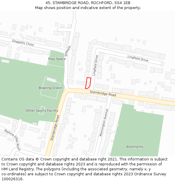 45, STAMBRIDGE ROAD, ROCHFORD, SS4 1EB: Location map and indicative extent of plot