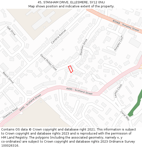 45, STANHAM DRIVE, ELLESMERE, SY12 0NU: Location map and indicative extent of plot