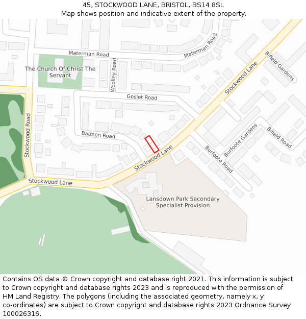 45, STOCKWOOD LANE, BRISTOL, BS14 8SL: Location map and indicative extent of plot