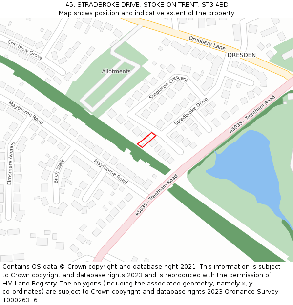 45, STRADBROKE DRIVE, STOKE-ON-TRENT, ST3 4BD: Location map and indicative extent of plot