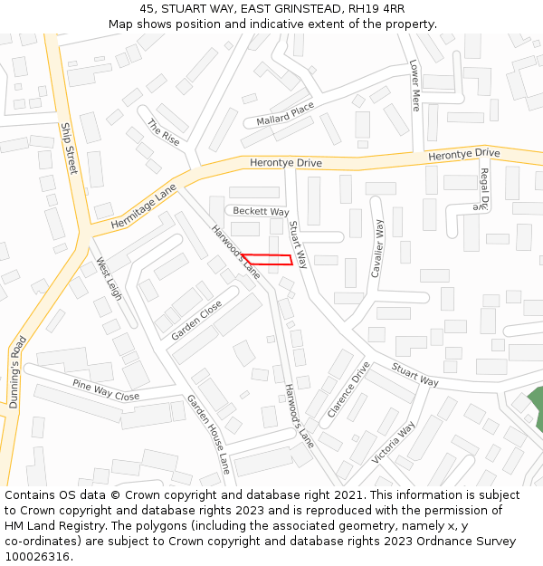 45, STUART WAY, EAST GRINSTEAD, RH19 4RR: Location map and indicative extent of plot