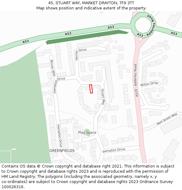 45, STUART WAY, MARKET DRAYTON, TF9 3TT: Location map and indicative extent of plot